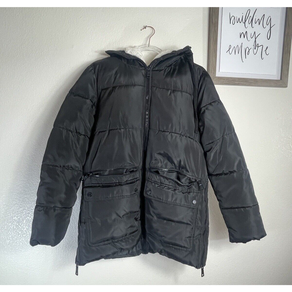 Madden NYC Women's Black Full Zip Hooded Puffer Jacket Size M Winter Zip Pockets